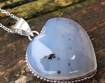 925 - Dendrite Opal Heart Necklace, Sterling Silver, Natural Stone, Dendrite Opal Statement Pendant, Natural stone gemstone, Dendritic Agate