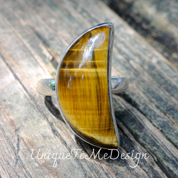925 - Large Crescent Moon Tigers Eye Ring Size 9.5, Sterling Silver Brown Tigers Eye Statement Moon Ring 9 10 Celestial Sterling Silver Ring