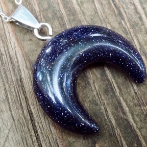 925 - Large Moon, Blue Goldstone stone Sterling Silver Necklace, Blue Sunstone Carved Moon Pendant on Sterling Silver Chain, Moon Necklace