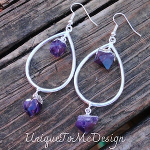 925 - Raw Amethyst Earrings, Sterling Silver, Natural Stone,  untreated Purple Amethyst Rough Gemstone Earrings, Statement Dangle Earrings