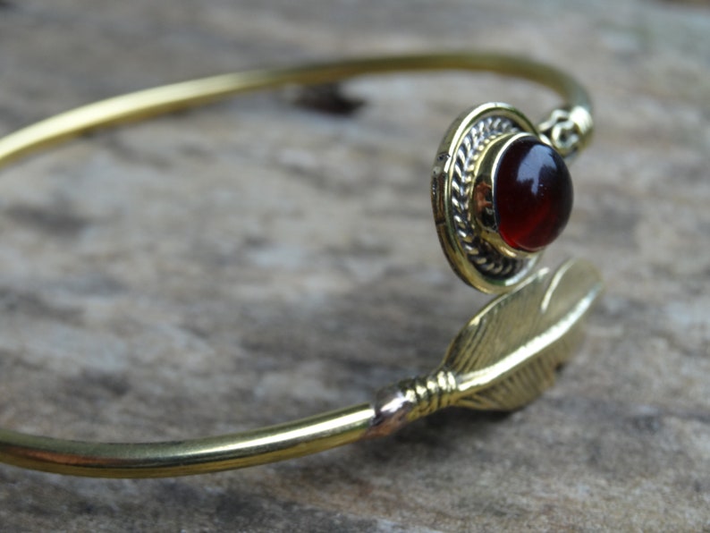 Natural Stone Garnet Brass Bangle Cuff Feather Bracelet Feather cuff bangle Garnet Brass Cuff Natural Stone Feather Bracelet