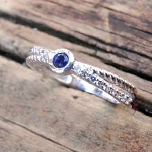 925 - Natural Blue Sapphire Ring Size 7, Sterling Silver, Natural Stone, White Topaz & Blue Sapphire Band, Stacking Ring 7, Dainty sapphire