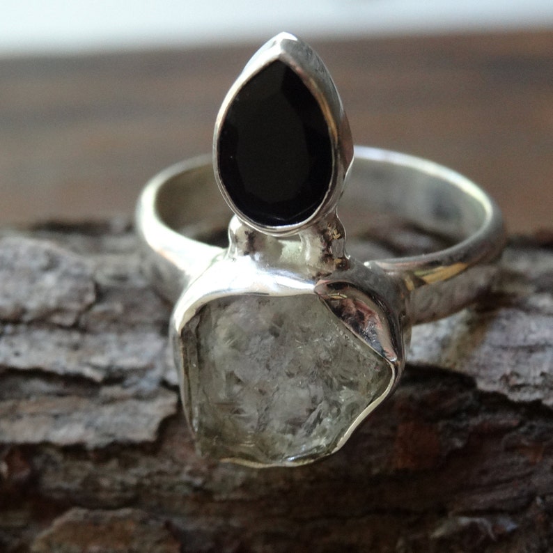 Sterling Silver Natural Herkimer Diamond Black Onyx Ring Size 6 double-terminated quartz crystal ring Natural Stone Ring size 6 Diamond Ring
