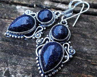 925er Sterlingsilber – Ohrringe mit blauem Goldfluss, tropfenförmige Ohrringe mit blauem Stein, blauer Sonnenstein, Ohrringe