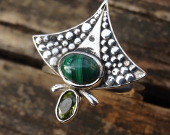925 - OOAK Malachite & Green Peridot Ring Size 9, Natural Stone, Sterling Silver, Green Malachite, Statement, Green Peridot multi Stone