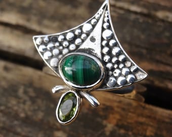 Malachite Peridot Sterling Silver Ring - Handmade OOAK Statement, Size 9
