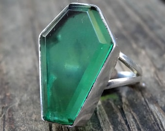 925 - Green Quartz Coffin Rings, Sterling Silver Green stone Coffin Ring, Gothic Ring, 925 Coffin Ring, Statement Green Quartz Coffin Ring