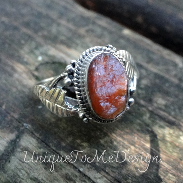 925 Raw Sunstone Sterling Silver Ring Size 8.5, Natural Sunstone Ring 8 9, Rough gemstone Ring, Detailed Silver Ring Handmade Sunstone ring