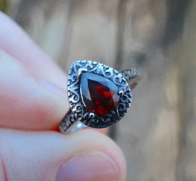 Sterling Silver Garnet Statement Sterling Silver Natural Garnet gemstone Teardrop Garnet Gothic Ring 6 Victorian Garnet Ring Size 6 925