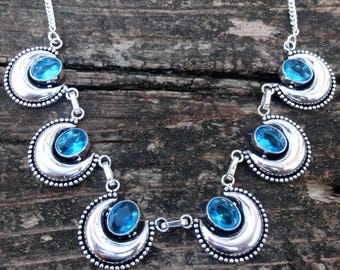 925 - Blautopas Mond Halskette, Sterling Silber, Naturstein Blautopas Anhänger, Blautopas Edelstein Statement Mond 18 "Halskette, handgemacht