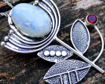 925 Handmade Sterling Silver Rainbow Moonstone Flower Necklace with Garnet, LARGE Silver Gemstone pendant