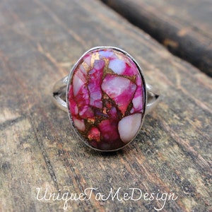 925 - Pink Spiny Oyster in Turquoise Ring Size 7 , Sterling Silver Natural Spiny Oyster Ring, Handmade Ring 7, Pink Purple Spiny Oyster
