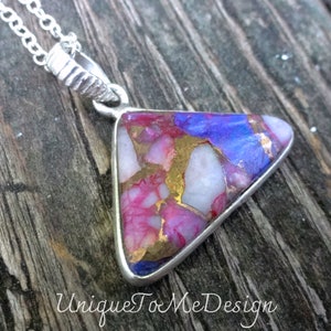 925 - Pink Spiny Oyster in Purple Turquoise Necklace, Sterling Silver Spiny Oyster Pendant, Natural Stone, Turquoise Statement jewelry