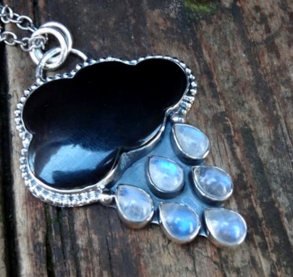 925 - Rain Cloud, Carved Stone Necklace, Sterling Silver Rainbow Moonstone, Black Onyx Pendant, Rain Cloud Handmade, 925 Moonstone Necklace