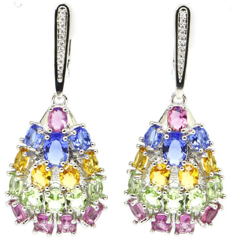 Handmade Violet Tanzanite Golden Citrine Pink Tourmaline 925 Sterling Silver Earrings Fine Art Earrings Natural Stone Earrings