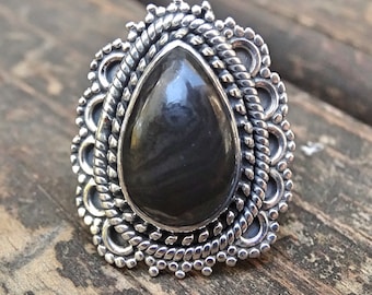 Anillo de plata de ley con psilomelano: anillo bohemio de malaquita negra, talla 6