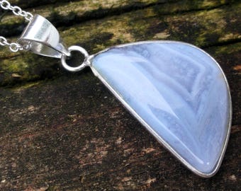 925 - Blue Lace Agate Necklace, Sterling Silver, Natural Stone, Blue Lace Agate Statement Pendant, Handmade Blue Agate necklace