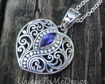 Amethyst Heart Necklace: Sterling Silver Bohemian Pendant