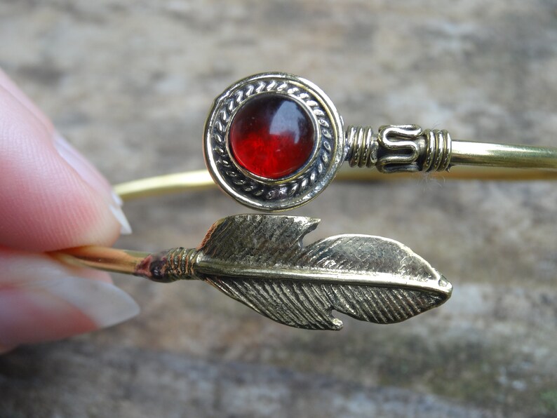 Natural Stone Garnet Brass Bangle Cuff Feather Bracelet Feather cuff bangle Garnet Brass Cuff Natural Stone Feather Bracelet