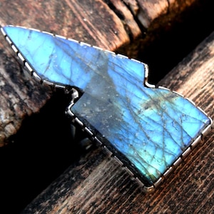 925 - Huge Lightning Bolt Rainbow Labradorite Ring Size 7, Sterling Silver, Natural Stone, Blue Thunderbolt Labradorite Statement, OOAK
