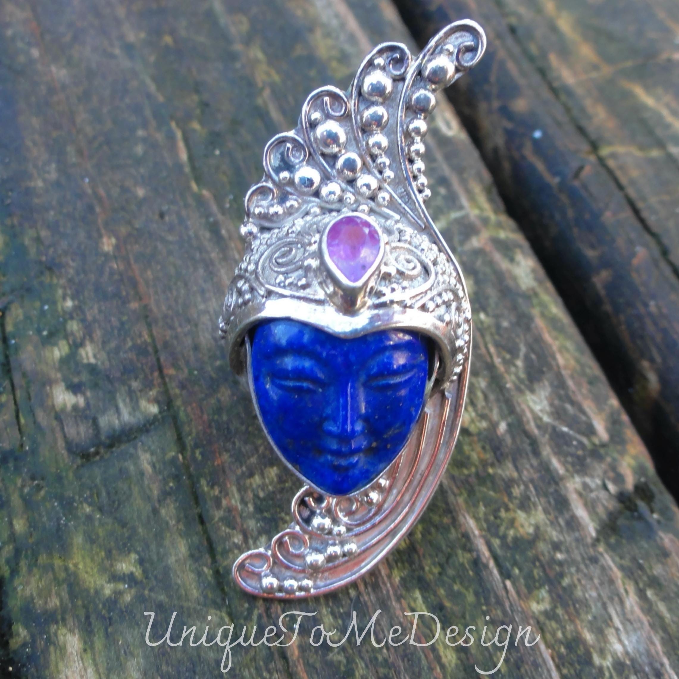 925 - geschnitztes Gesicht Lapis mit rosa Saphir Ring Größe 6, Sterling Silber, Naturstein, handgemachtes Gesicht Ring Größe 6, Göttin Edelstein Ring