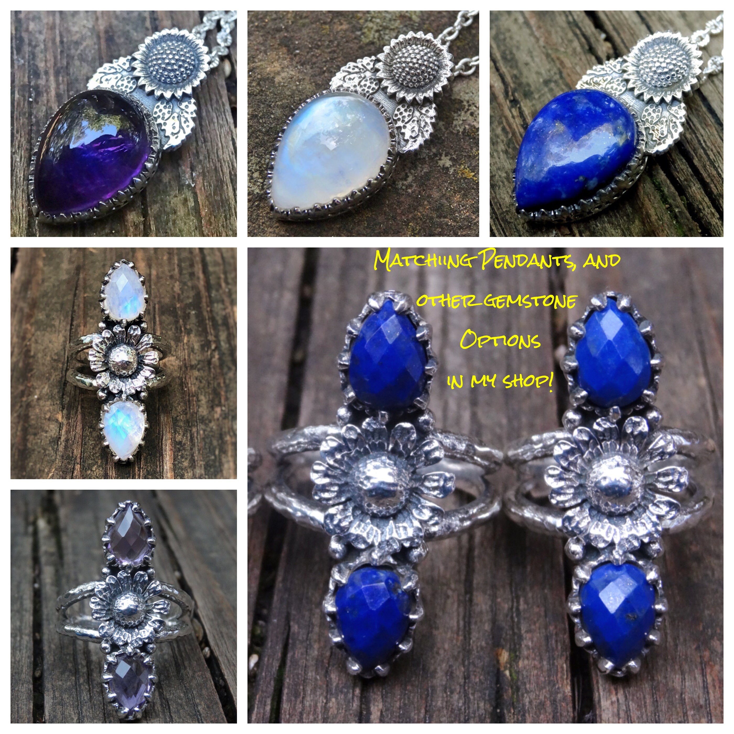 Collana fatta a mano in argento sterling con ciondolo a forma di girasole e pietra di luna arcobaleno - Italia