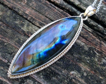 925 - Flashy Purple Rainbow Labradorite Necklace, Natural Stone, Sterling Silver Labradorite Pendant, Large marquise gemstone Necklace