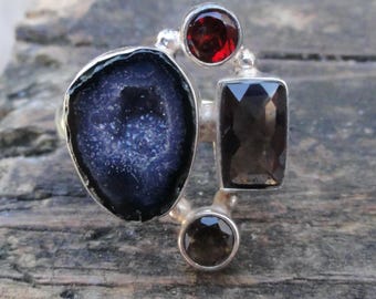 925 - Groß, Multi Stein, Geode Druzy, roter Granat und brauner Rauchtopas Ring Größe 7, Sterling Silber Naturstein Statement Ring 7