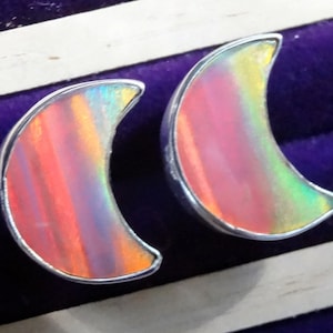 925 - Aurora Opal Moon Studs, Sterling Silver, Natural Stone, Pink Crescent Moon Earrings, Opal doublet Moon Stud Earrings, aurora Opal