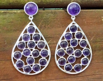 Handmade Sterling Silver Amethyst Earrings: Large Multi Stone Dangle