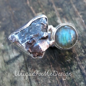 925 Large Meteorite Campo Del Cielo & Labradorite Ring Size 7.5, Natural Raw Genuine Meteorite Stone Statement Ring 7 8, Huge Meteorite