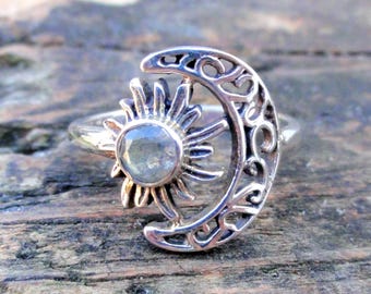 925 - Natürlicher Labradorit Ring Größe 7, Sterling Silber, Sonne & Mond Ring, Blauer Labradorit Statement Mondsichel Ring 7, Mond Ring, handgefertigt