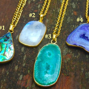 Vous avez choisi ! Argent sterling 925, longs colliers en pierre naturelle plaqué or 14 carats, pierre de lune arc-en-ciel, coquillages d&#39;ormeau, tranche de cristal, quartz solaire