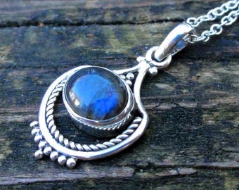925 - Blaue Labradorit Halskette, Sterling Silber, Naturstein Labradorit Anhänger, Natürlicher Labradorit Edelstein Zierliche Halskette, Boho