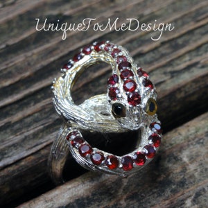 925 SNAKE Gemstone Ring 8.5, Blue Sapphire with Red Garnet Large Snake Statement Ring with 14k Size 8 9, OOAK Reptile Ring, Rhodolite Garnet