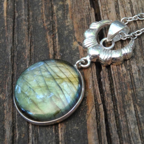 925 - OOAK Flashy Labradorite Necklace, Sterling Silver Multi Flash Labradorite Stone Pendant, Labradorite Necklace, Crescent Round Moon