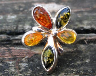 925 - Multi Baltic Amber Ring Size 7, Sterling Silver, Natural Stone, Amber Ring 7, Fossil Amber Flower ring, Green Yellow Golden Amber Ring