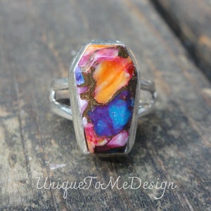 925 - Pink Spiny Oyster in Turquoise Coffin Ring Size 6.5, Sterling Silver Natural Stone Coffin Gothic Ring, 925 Coffin Ring 6 7, Statement