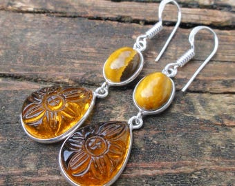 925 - Citrin Tigers Eye Ohrringe, Sterling Silber, Natürliche Gelbe Citrin Edelstein Ohrringe, Naturstein, Geschnitzte Stein Ohrringe, Handgemacht