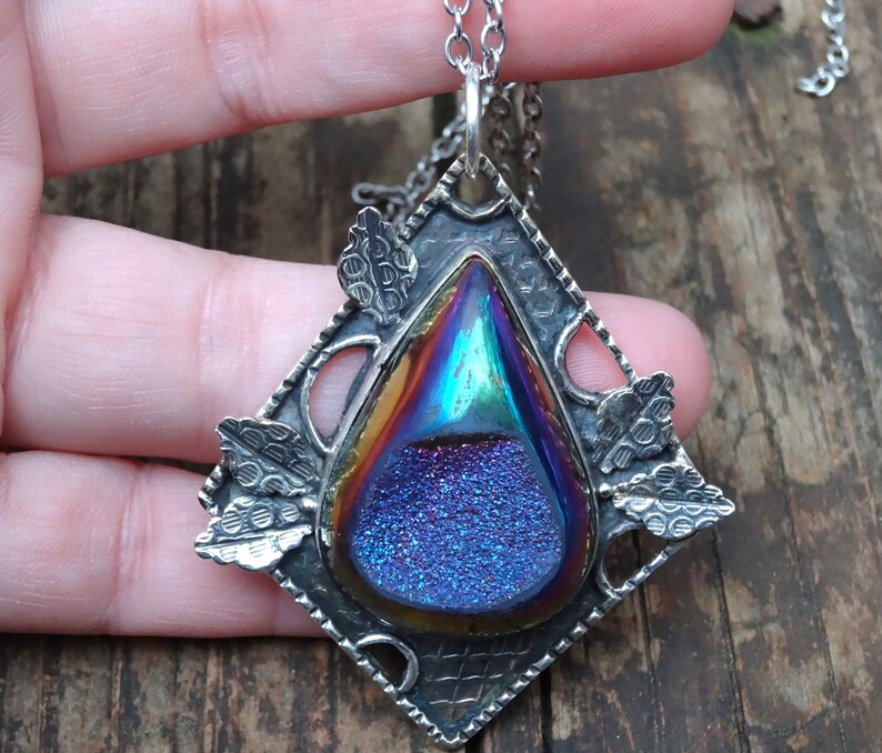 Sterling Silver Rainbow Titanium Druzy gemstone Pendant 925 Botanical Large Titanium Druzy Necklace Statement Druzy Silver Necklace