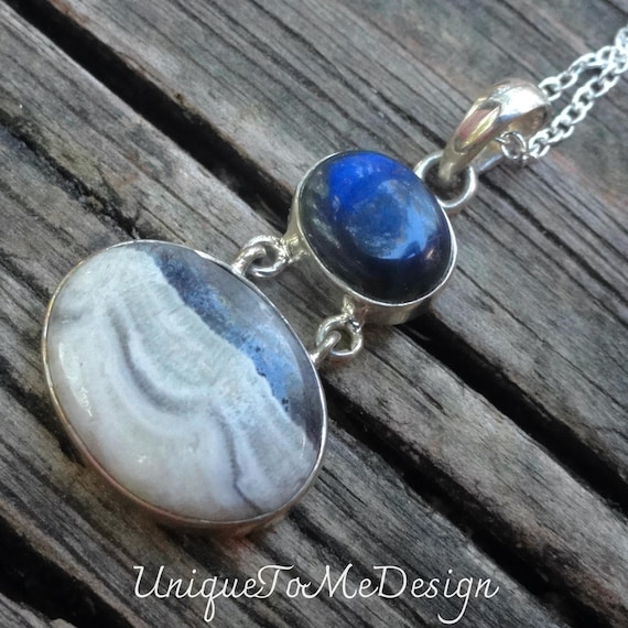 Zebra Calcite & Blue Labradorite Sterling Silver Pendant Necklace