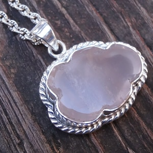 925 - Cloud, Carved Stone Rose Quartz Necklace, Sterling Silver Rose Quartz Pendant, Rain Cloud Pendant Handmade, Rose Quartz Cloud Necklace