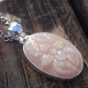925 - Carved Strawberry Quartz Necklace, Sterling Silver Hand Carved Botanical Strawberry Quartz Pendant, Large Quartz stone, Carved pendant