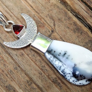Handmade Sterling Silver Crescent Moon Necklace: Dendritic Opal & Garnet Pendant