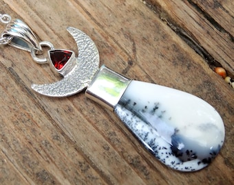 Handmade Sterling Silver Crescent Moon Necklace: Dendritic Opal & Garnet Pendant