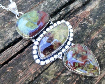 925 LARGE Dragon Bloodstone Pendant: Sterling Silver Natural Stone Necklace, Dragons Blood 3" gemstone necklace
