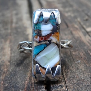 925 - Large OOAK Pink Spiny Oyster in Turquoise Ring Size 9, Sterling Silver Natural Spiny Oyster Large Ring, Handmade Ring 9 Spiny Oyster