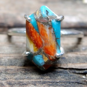 925 - Spiny Oyster in Turquoise Rings, ALL SIZES, Sterling Silver Natural Stone Turquoise Ring, Handmade, Hexagon Unique Stone, Spiny Oyster