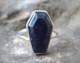 925 Coffin Ring, Blue Goldstone Coffin stone Rings, Sterling Silver Coffin Statement Ring, Blue Goldstone, Galaxy Gothic Ring, blue sunstone