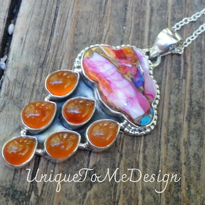 925 - Rain Cloud, Carved Stone Necklace, Sterling Silver Pink Spiny Oyster in Turquoise, Orange Carnelian Pendant, Handmade Statement Cloud